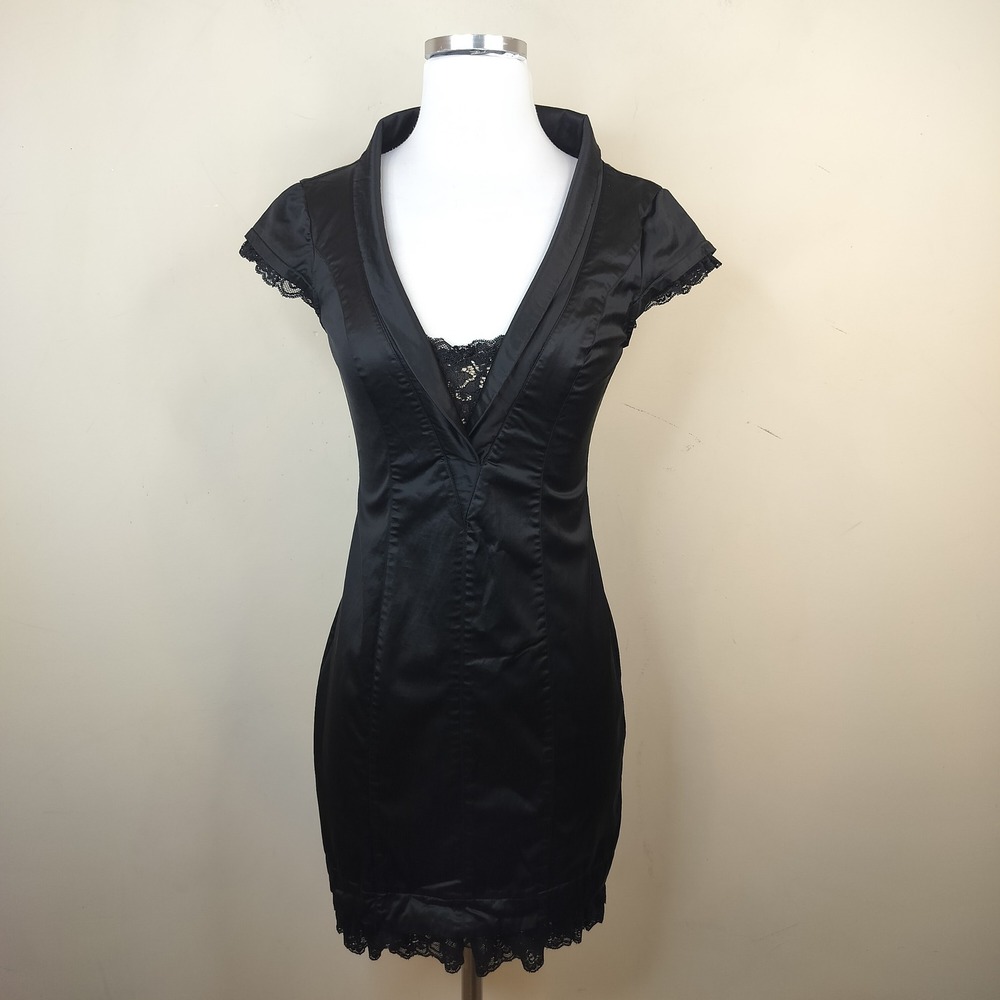 Bebe Sheath Mini Dress Womens Small Lace Trim Collared Black Satin Cocktail Goth